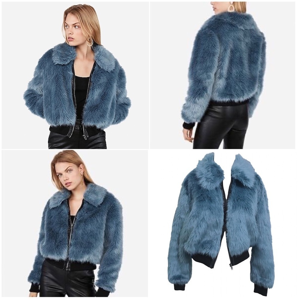 Express and Negin Mirsalehi Blue Faux Fur Bomber Jacket Size Small